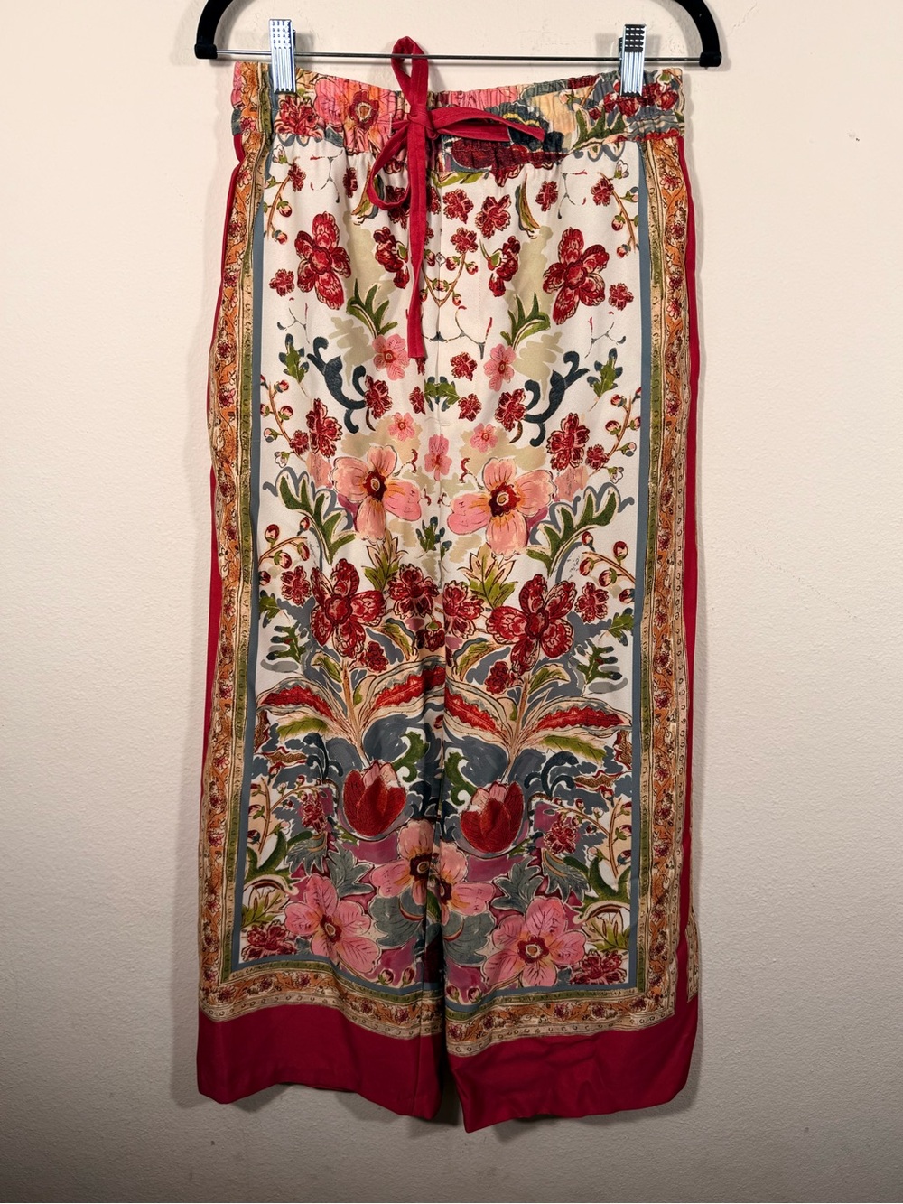 Zara Floral Border Wide-Leg Pants - Red, Pink & Cream bohemian artsy resortwear